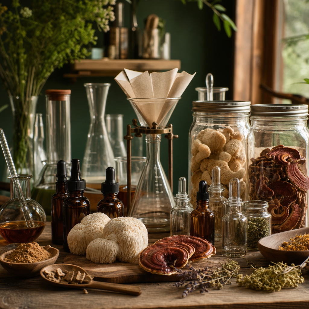 MycoLove Functional Medicine Extraction Workshop — apothecary tincture and mushroom extraction setup